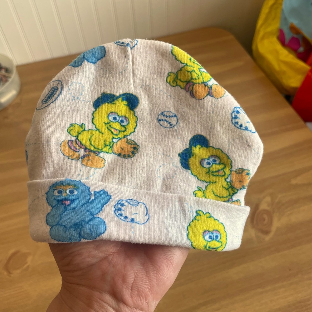 Vintage 90s Sesame Street Infant Hat Baseball Pattern Big Bird n Cookie Monster